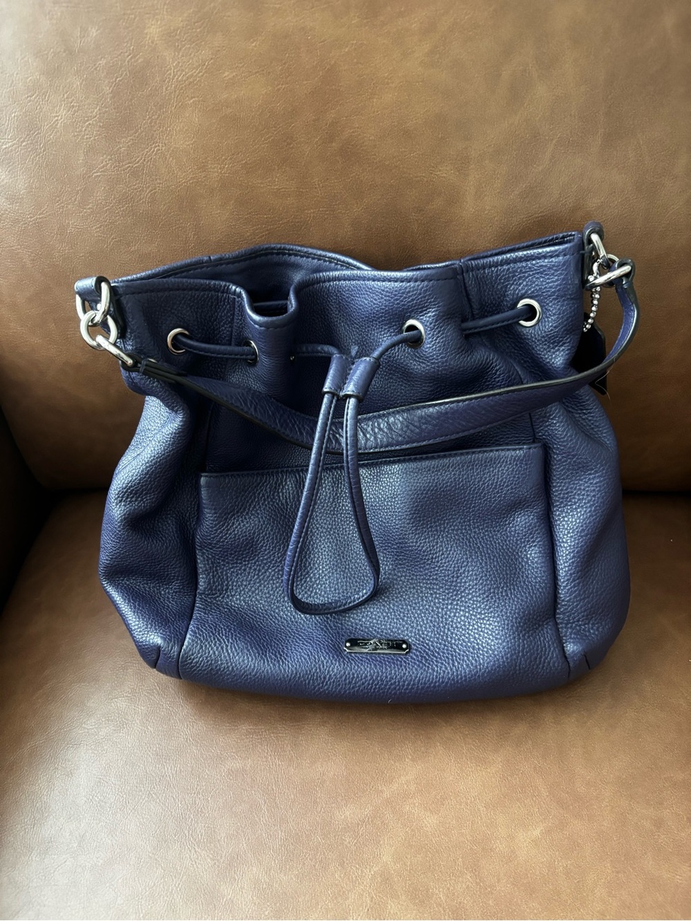 COACH Navy Drawstring Leather Shoulder Bag